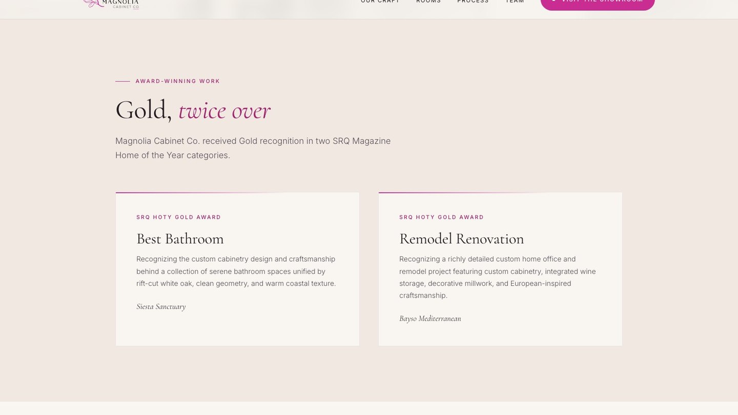 The awards section of the new homepage