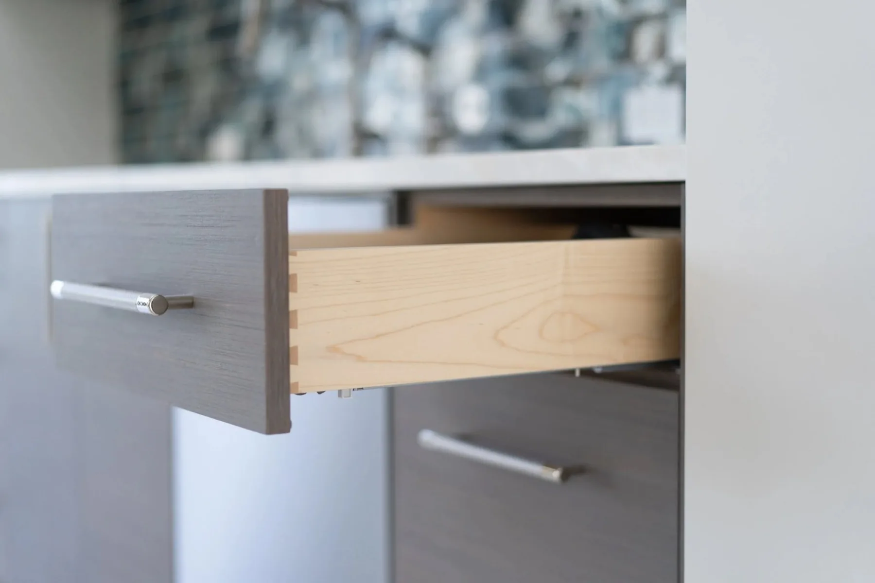 Dovetail joinery on a custom cabinet drawer