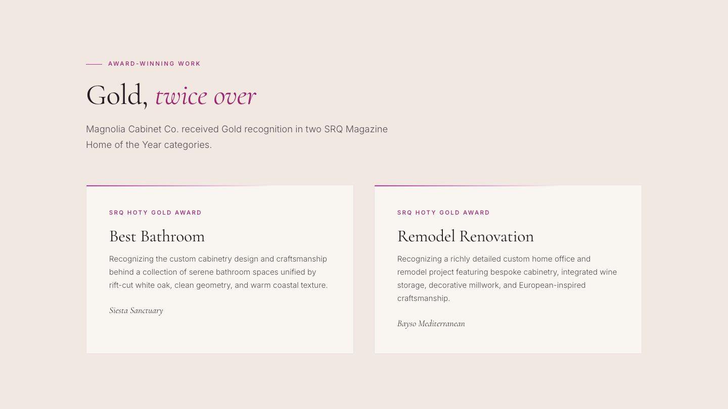 The awards section of the new homepage