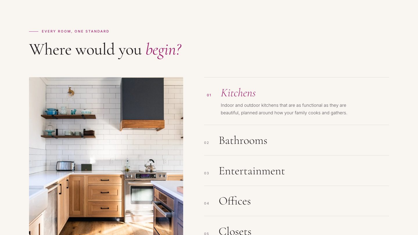 The rooms section of the new homepage